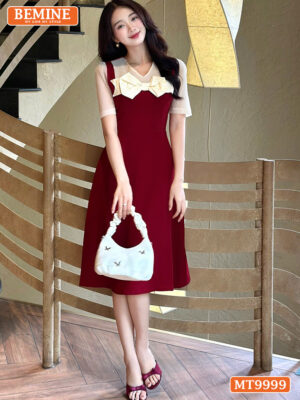 Đầm thiết kế BEMINE cổ V phối nơ giả yếm MT9999