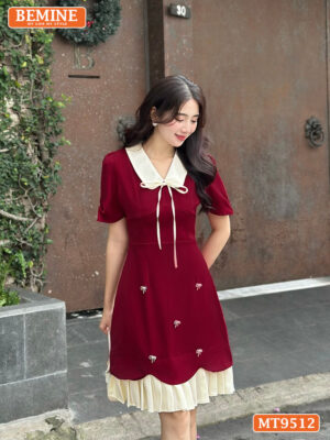 Đầm thiết kế BEMINE cổ đính nơ tùng xếp ly MT9512