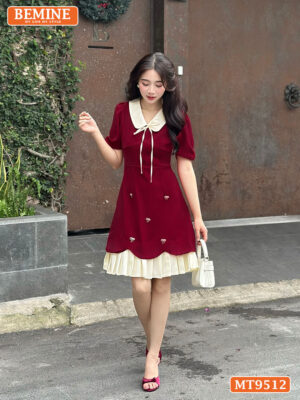 Đầm thiết kế BEMINE cổ đính nơ tùng xếp ly MT9512