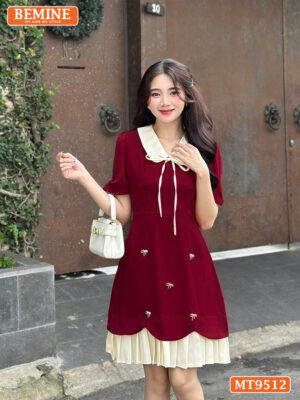 Đầm thiết kế BEMINE cổ đính nơ tùng xếp ly MT9512