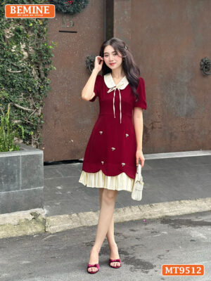 Đầm thiết kế BEMINE cổ đính nơ tùng xếp ly MT9512