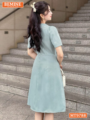 Đầm thiết kế BEMINE cổ sen viền ren kết nút MT9788