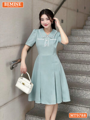Đầm thiết kế BEMINE cổ sen viền ren kết nút MT9788