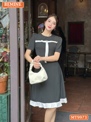 Đầm thiết kế BEMINE cổ tròn phối viền nơ MT9973
