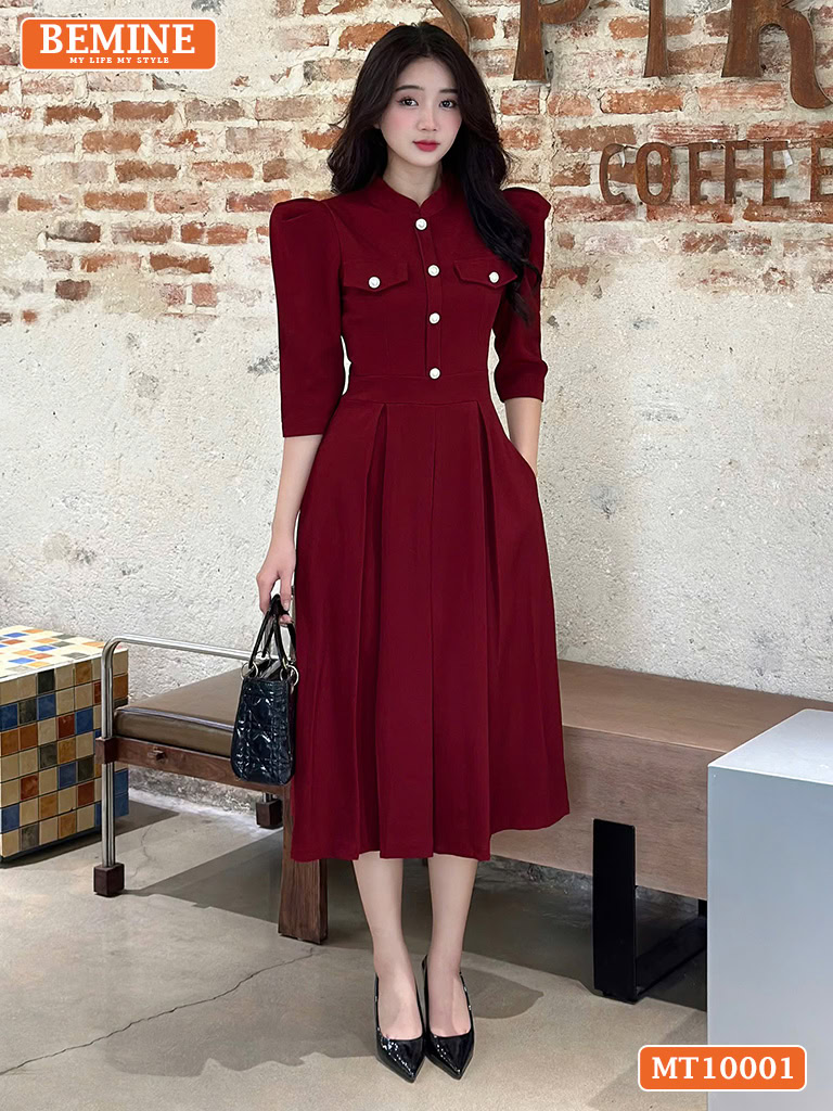 Đầm thiết kế BEMINE cổ trụ tay lửng đính nút MT10001