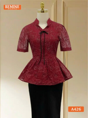Áo thiết kế BEMINE dáng peplum cổ V thêu hoa A426 2