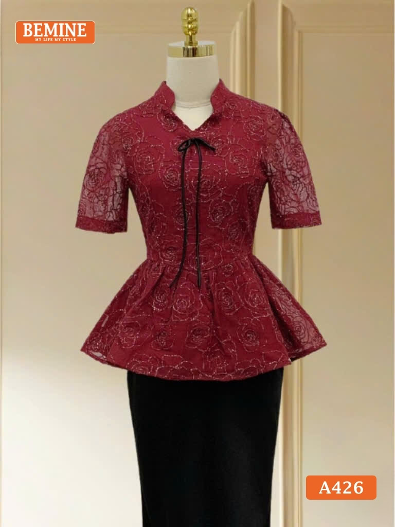 Áo thiết kế BEMINE dáng peplum cổ V thêu hoa A426 2