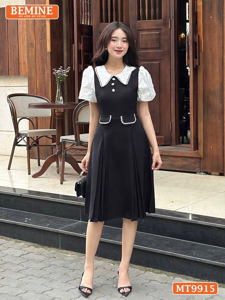 Đầm BEMINE cổ sen viền ren tay phồng MT9915