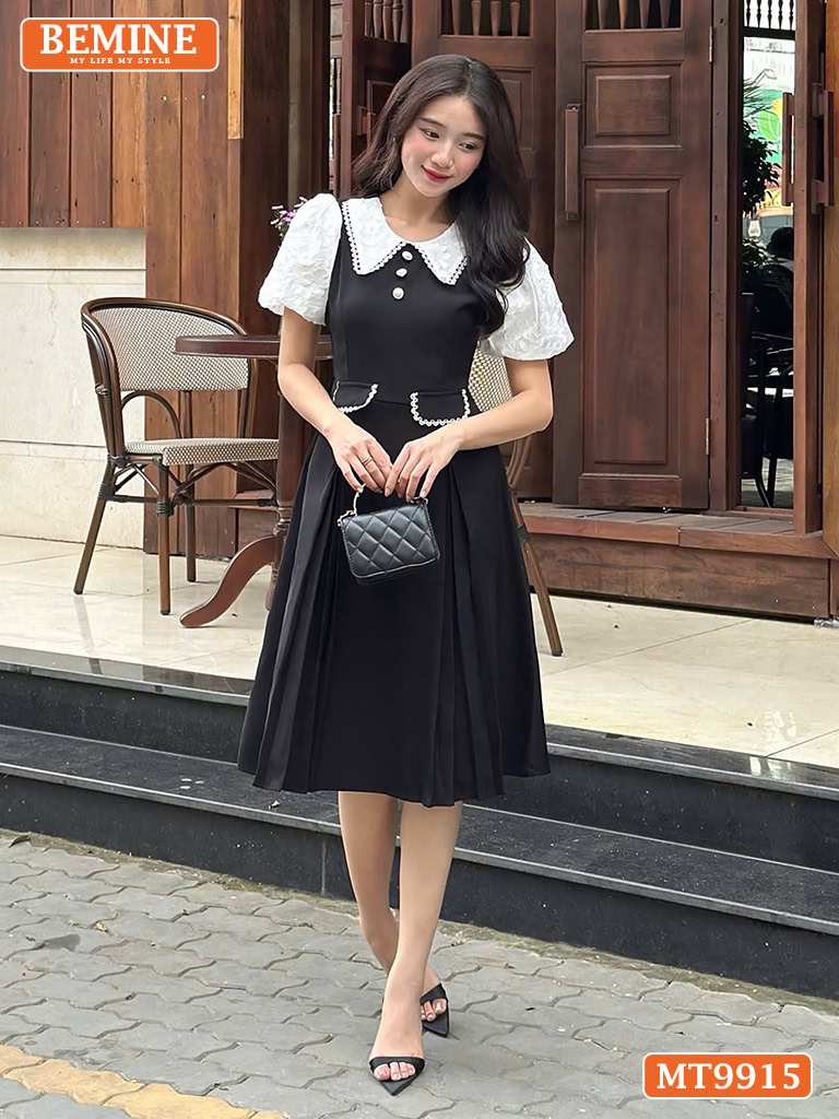 Đầm BEMINE cổ sen viền ren tay phồng MT9915