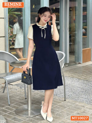 Đầm BEMINE cổ tròn viền xếp ly tay búp sen MT10027
