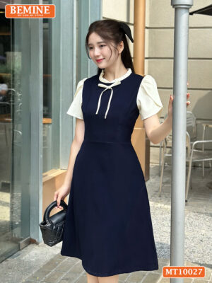 Đầm BEMINE cổ tròn viền xếp ly tay búp sen MT10027