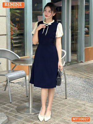 Đầm BEMINE cổ tròn viền xếp ly tay búp sen MT10027