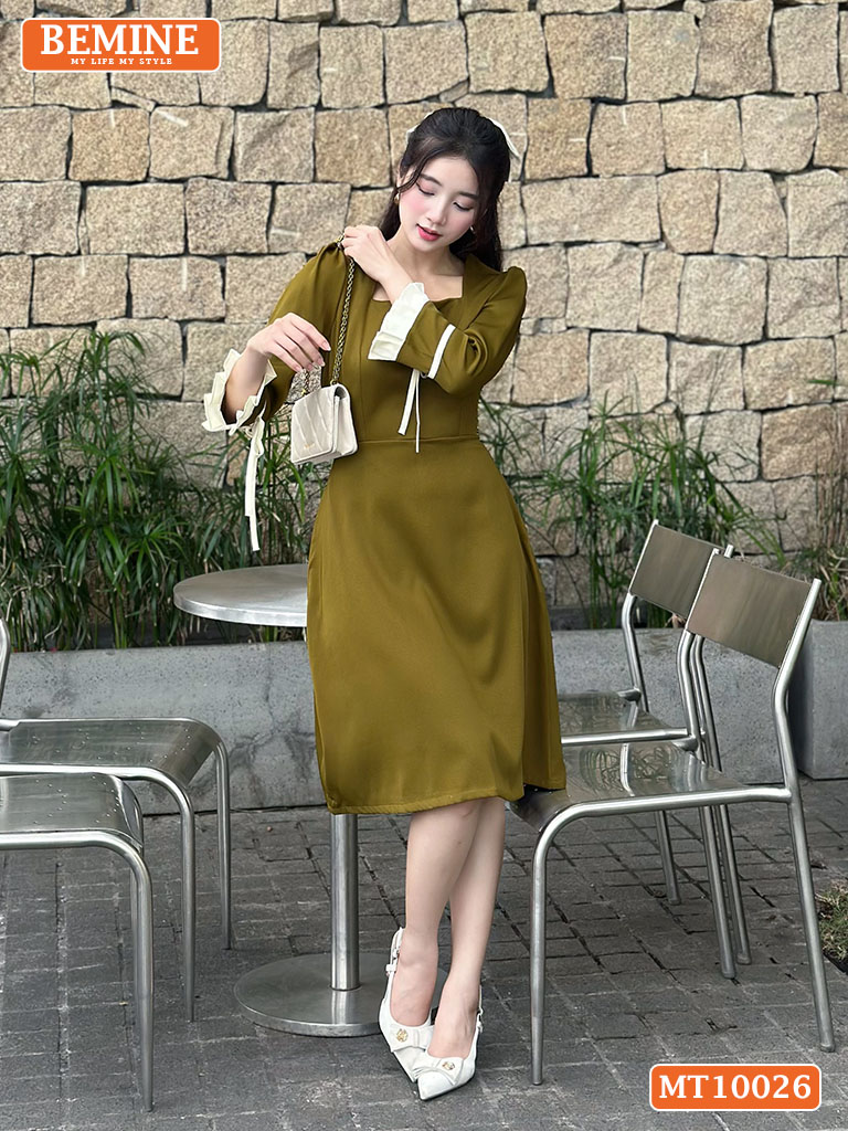 Đầm BEMINE cổ vuông tay phối viền dây nơ MT10026