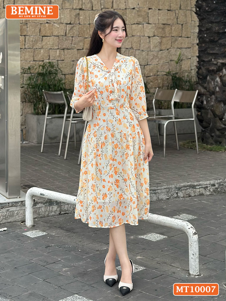 Đầm thiết kế BEMINE cổ V có dây nơ cổ MT10007