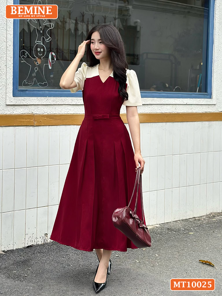 Đầm thiết kế BEMINE cổ V phối dáng chữ A MT10025