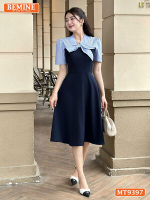 Đầm thiết kế BEMINE cổ V thắt nơ cúp ngực MT9397