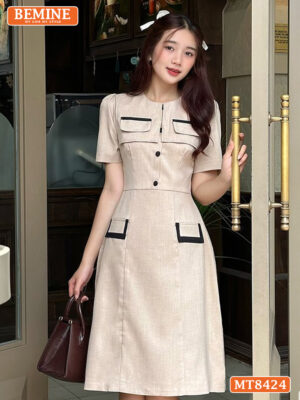 Đầm thiết kế BEMINE cổ phối nắp túi tùng A MT8424