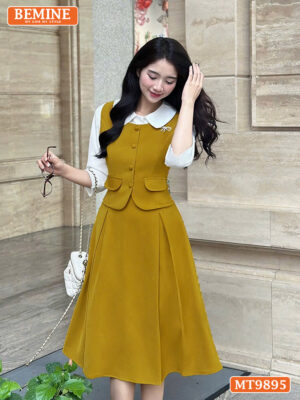Đầm thiết kế BEMINE cổ sen đính nút MT9895