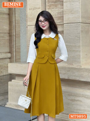 Đầm thiết kế BEMINE cổ sen đính nút MT9895