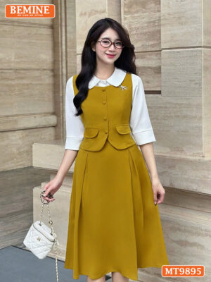 Đầm thiết kế BEMINE cổ sen đính nút MT9895