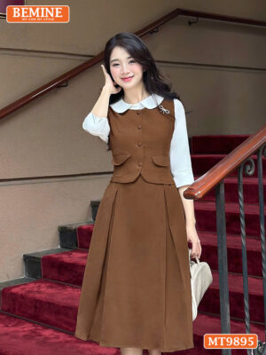 Đầm thiết kế BEMINE cổ sen đính nút MT9895