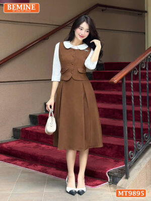 Đầm thiết kế BEMINE cổ sen đính nút MT9895
