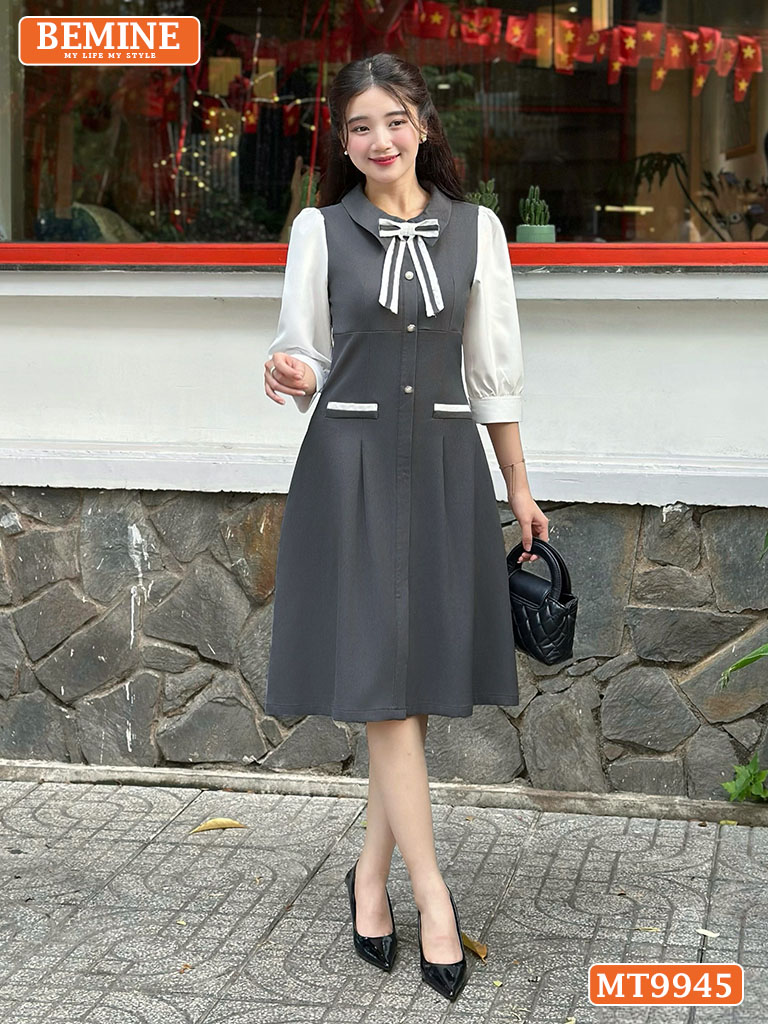 Đầm thiết kế BEMINE cổ sơ mi đính nơ MT9945