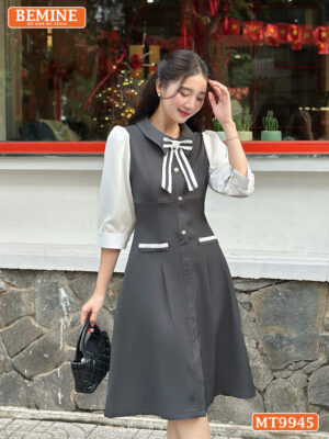 Đầm thiết kế BEMINE cổ sơ mi đính nơ MT9945