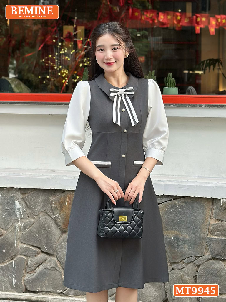 Đầm thiết kế BEMINE cổ sơ mi đính nơ MT9945