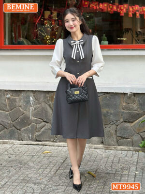 Đầm thiết kế BEMINE cổ sơ mi đính nơ MT9945