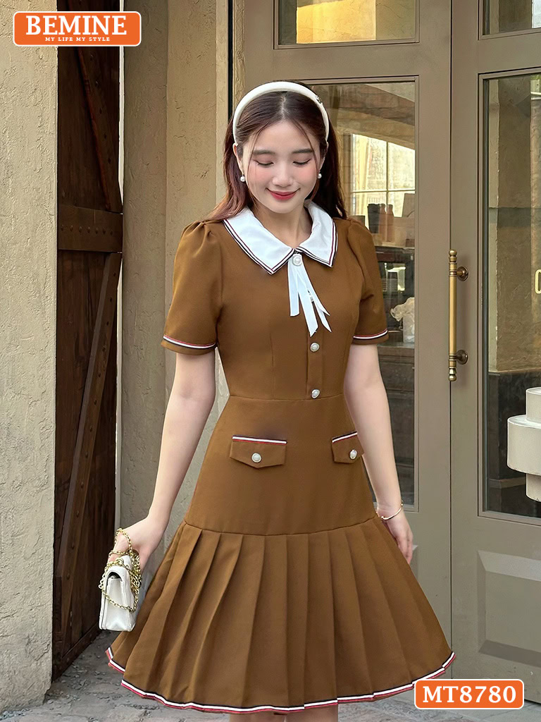 Đầm thiết kế BEMINE cổ sơ mi tùng xếp ly MT8780