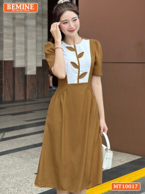 Đầm thiết kế BEMINE cổ tròn họa tiết lá MT10017