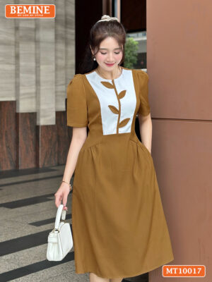 Đầm thiết kế BEMINE cổ tròn họa tiết lá MT10017