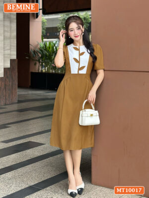 Đầm thiết kế BEMINE cổ tròn họa tiết lá MT10017