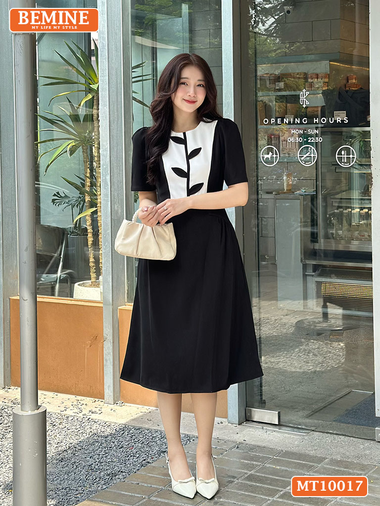 Đầm thiết kế BEMINE cổ tròn họa tiết lá MT10017