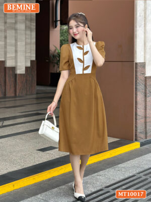 Đầm thiết kế BEMINE cổ tròn họa tiết lá MT10017