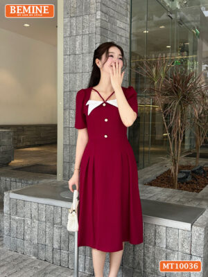 Đầm thiết kế BEMINE cổ vuông phối đính nút MT10036