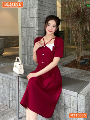 Đầm thiết kế BEMINE cổ vuông phối đính nút MT10036