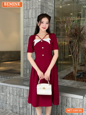Đầm thiết kế BEMINE cổ vuông phối đính nút MT10036