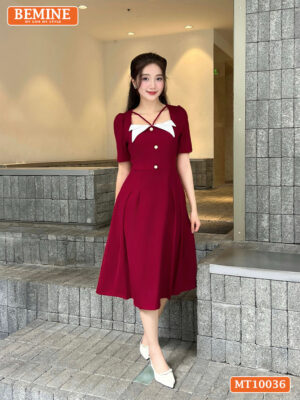 Đầm thiết kế BEMINE cổ vuông phối đính nút MT10036