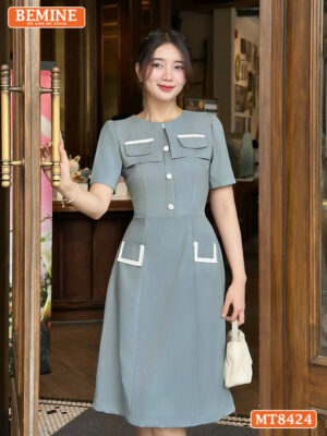 Đầm thiết kế BEMINE cổ phối nắp túi tùng A MT8424