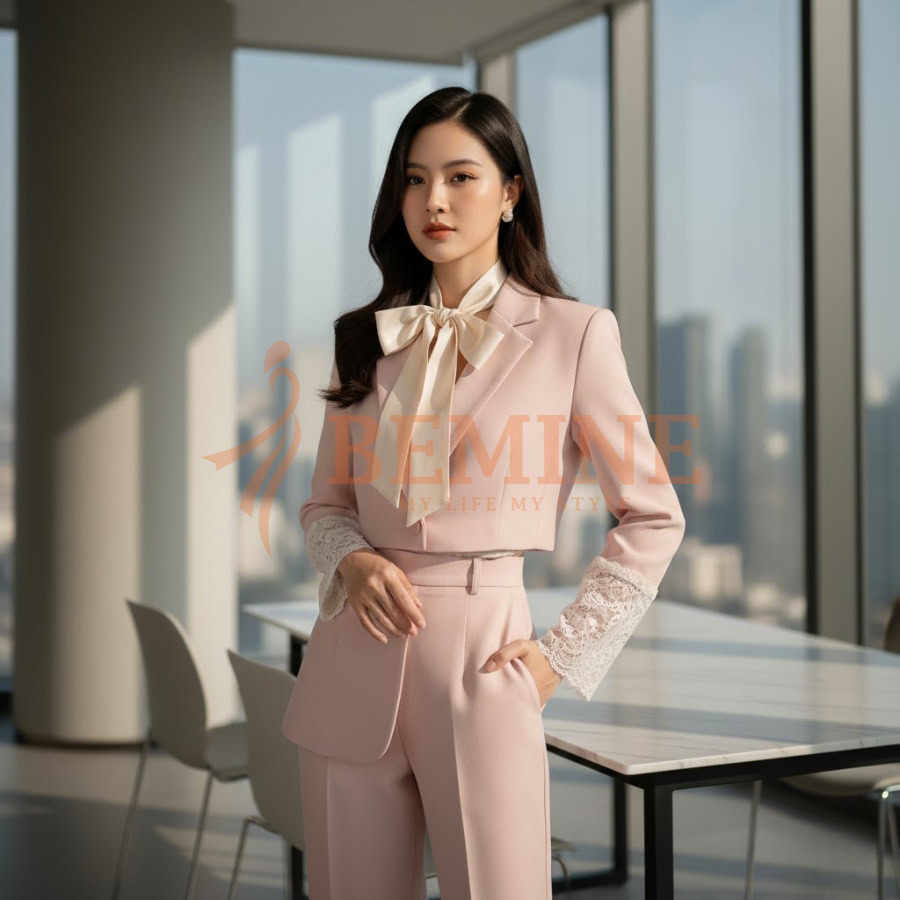 Áo lụa thiết kế BEMINE cổ chữ V sâu. Tạo hiệu ứng thon gọn, kéo dài cổ cho người vai ngang.