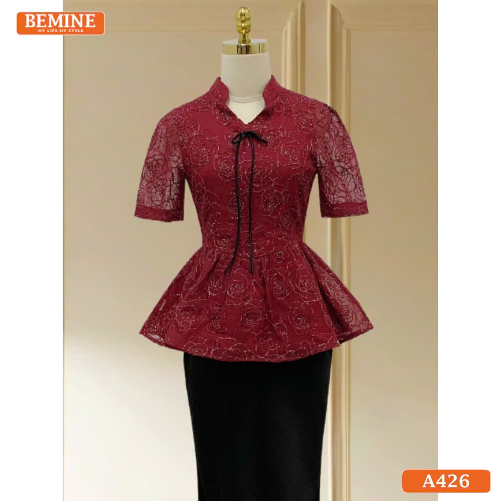 Áo thiết kế BEMINE dáng peplum cổ V thêu hoa A426