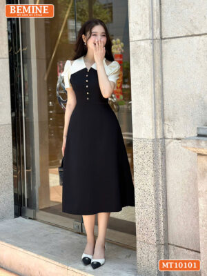 Đầm BEMINE cổ V khoét vai đính cúc MT10101