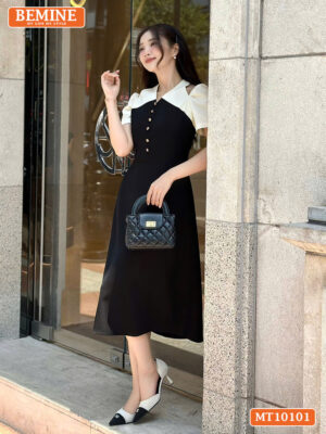 Đầm BEMINE cổ V khoét vai đính cúc MT10101