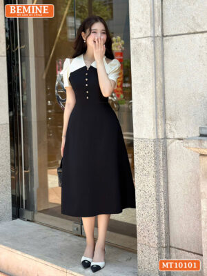 Đầm BEMINE cổ V khoét vai đính cúc MT10101