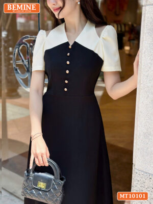 Đầm BEMINE cổ V khoét vai đính cúc MT10101