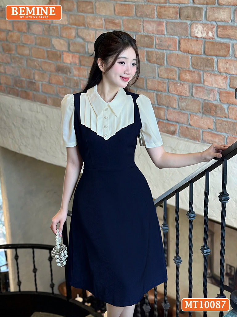 Đầm thiết kế BEMINE cổ đức xếp ly giả yếm MT10087, chất liệu Cotton Hàn cao cấp, chiết eo cao tôn dáng, che bụng hiệu quả.