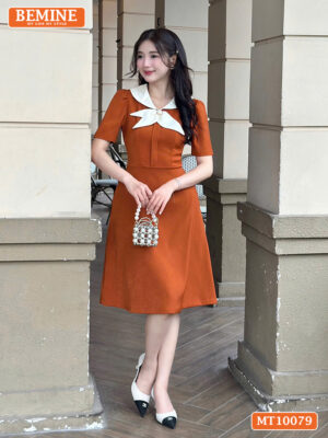 Đầm thiết kế BEMINE cổ trụ phối nơ lá MT10079