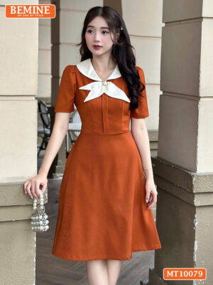 Đầm Thiết Kế BEMINE Cổ Trụ Phối Nơ Lá MT10079